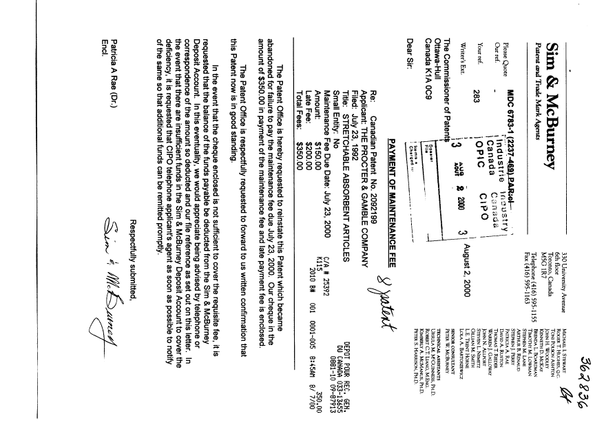 Canadian Patent Document 2092199. Fees 20000802. Image 1 of 1