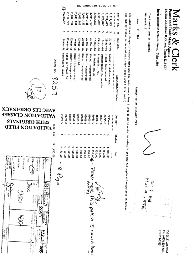 Canadian Patent Document 2092639. Fees 19951207. Image 1 of 1