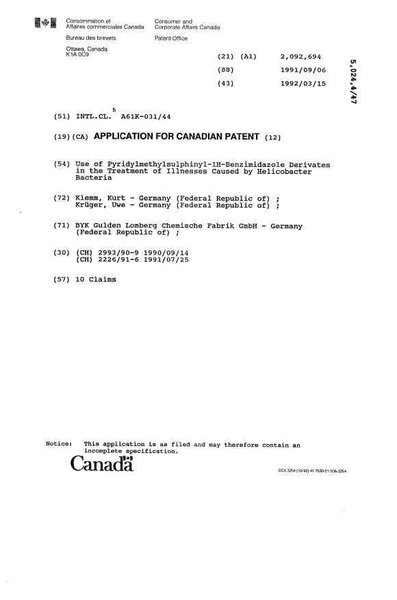 Document de brevet canadien 2092694. Page couverture 19921221. Image 1 de 1