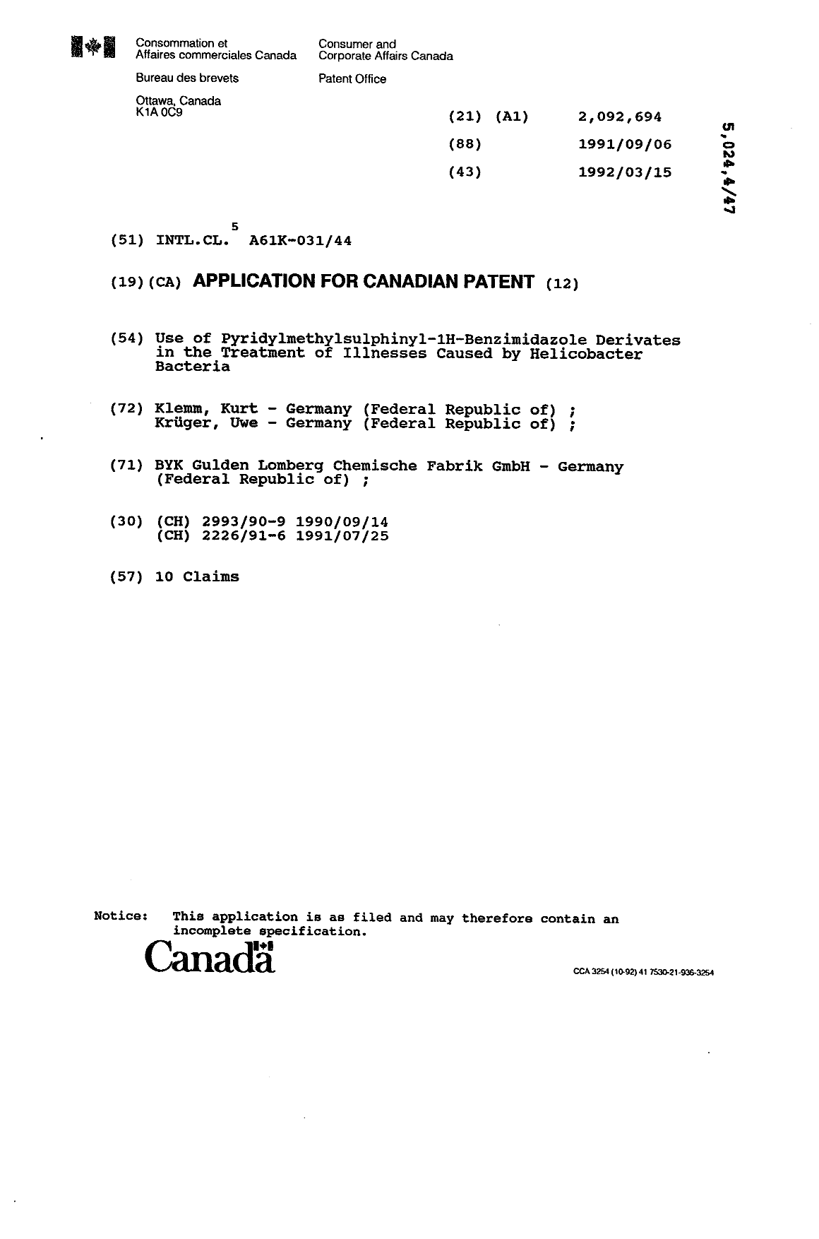 Canadian Patent Document 2092694. Cover Page 19921221. Image 1 of 1