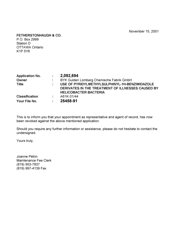 Canadian Patent Document 2092694. Correspondence 20001215. Image 1 of 1