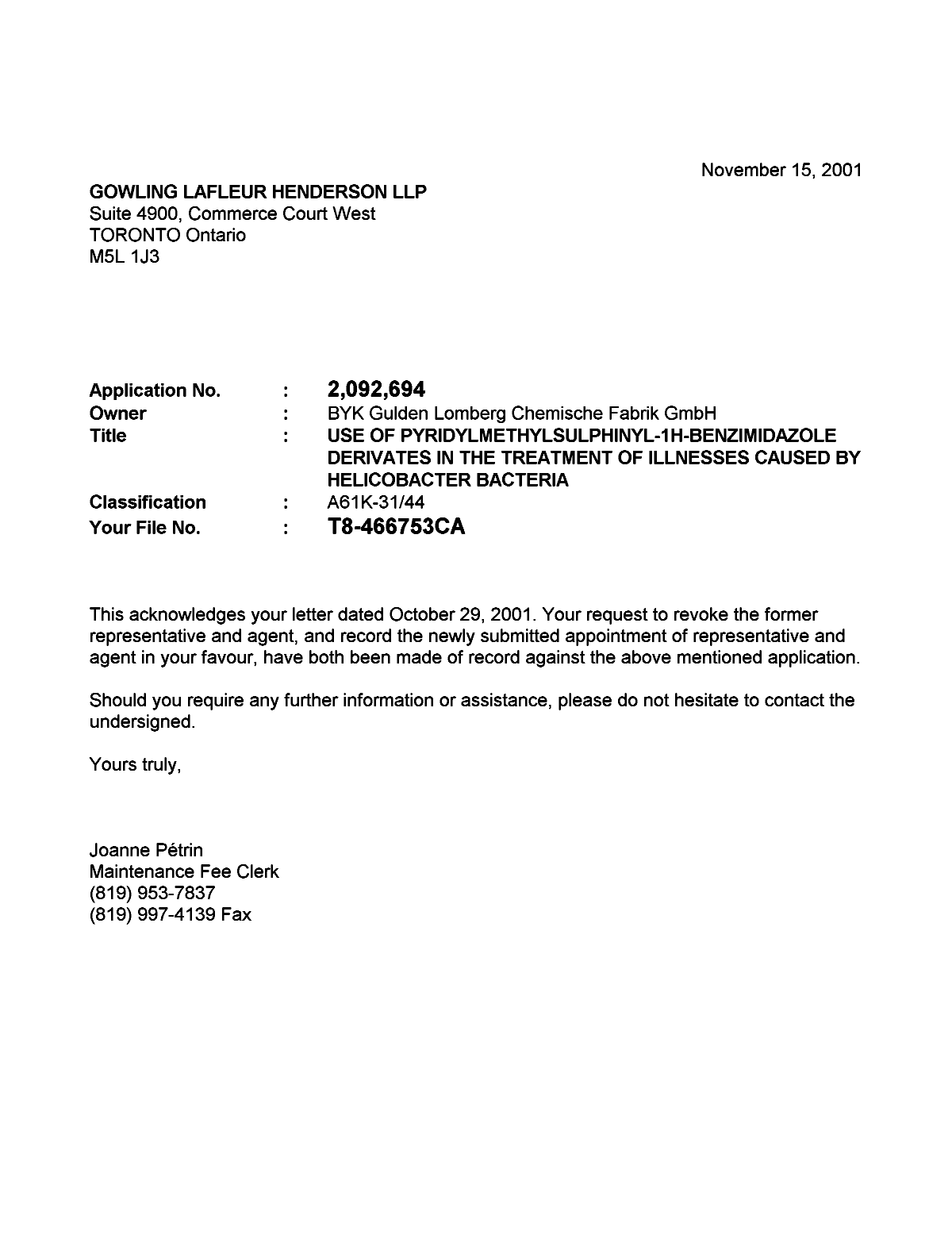 Canadian Patent Document 2092694. Correspondence 20001215. Image 1 of 1