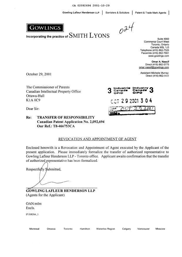 Document de brevet canadien 2092694. Correspondance 20001229. Image 1 de 2