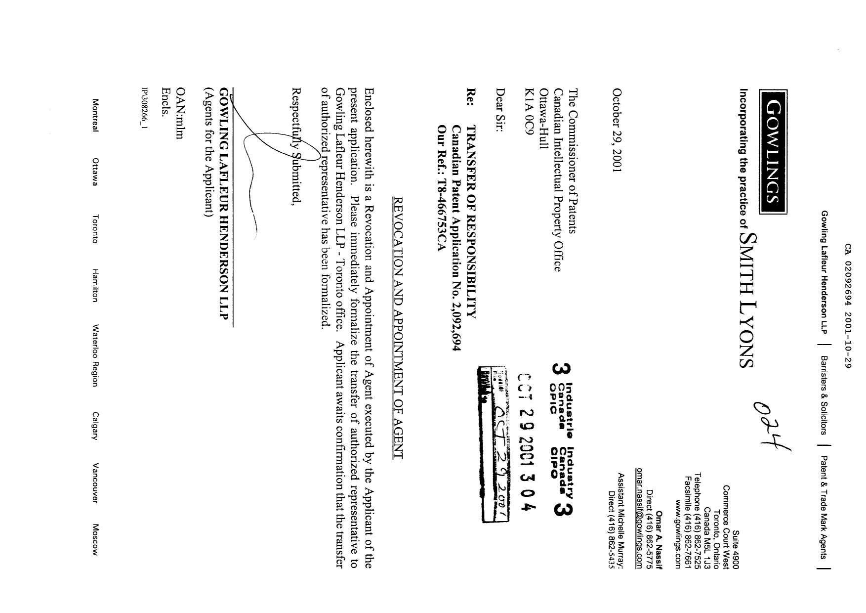 Canadian Patent Document 2092694. Correspondence 20001229. Image 1 of 2