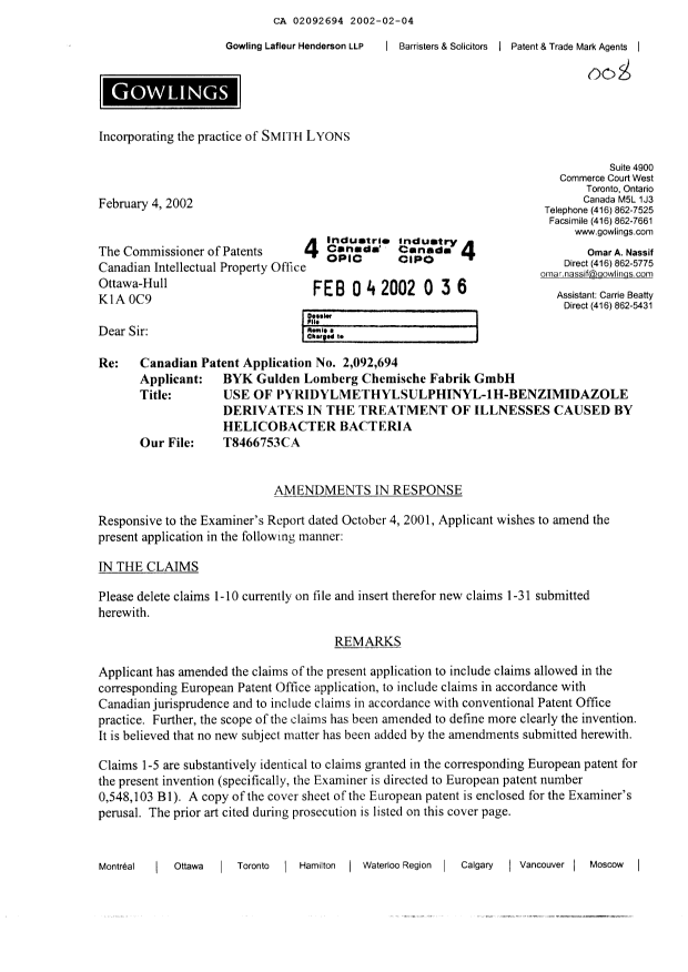 Canadian Patent Document 2092694. Prosecution-Amendment 20011204. Image 1 of 6