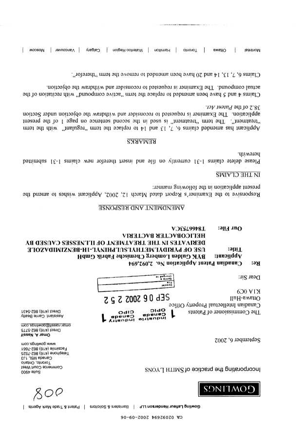 Canadian Patent Document 2092694. Prosecution-Amendment 20011206. Image 1 of 6