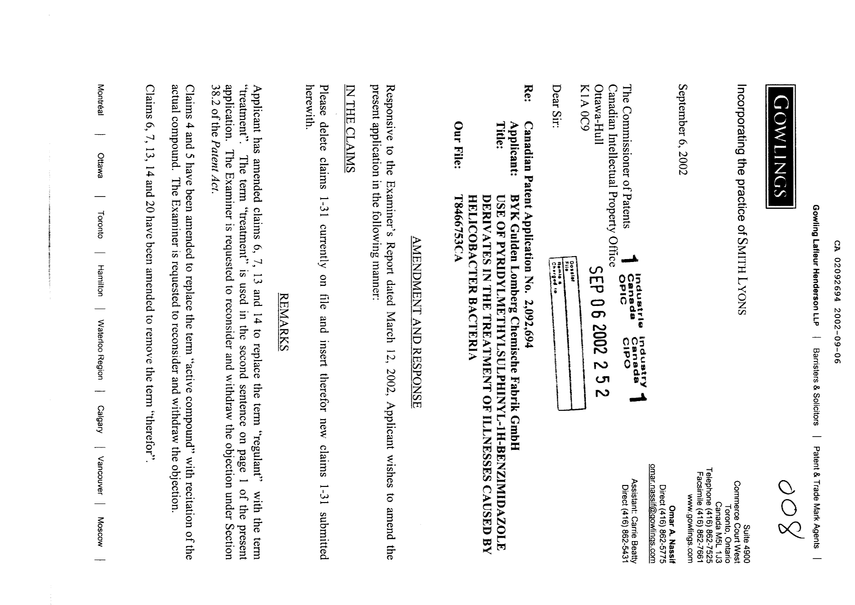 Canadian Patent Document 2092694. Prosecution-Amendment 20011206. Image 1 of 6