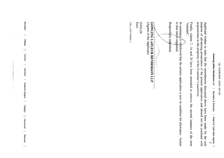 Canadian Patent Document 2092694. Prosecution-Amendment 20011206. Image 2 of 6
