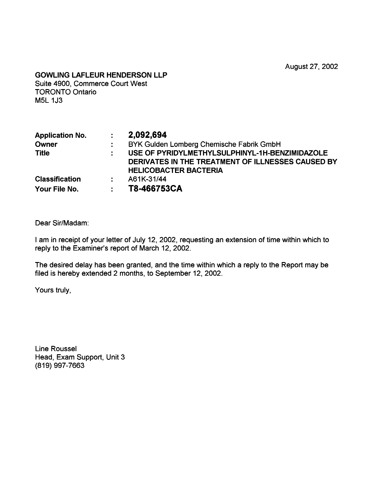 Canadian Patent Document 2092694. Correspondence 20011227. Image 1 of 1