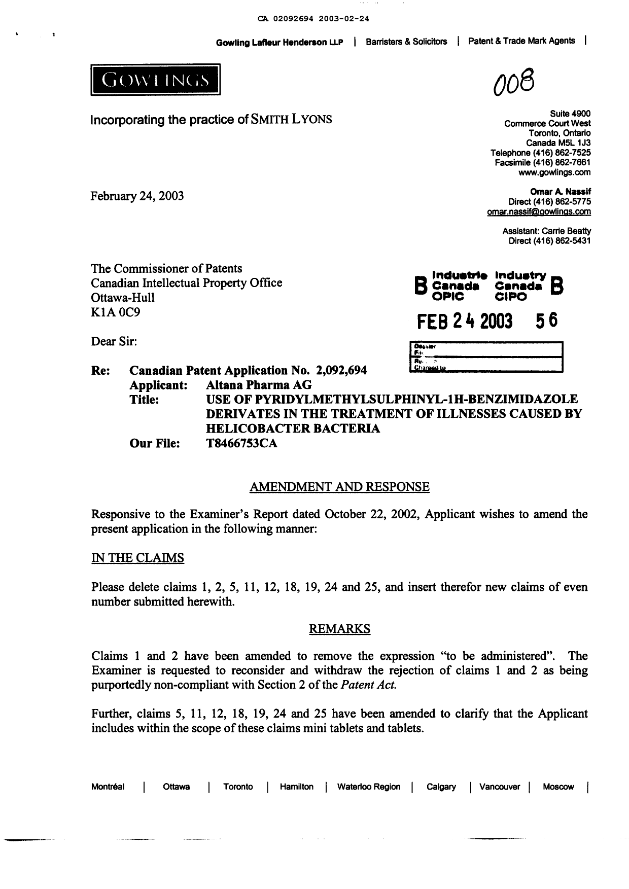 Canadian Patent Document 2092694. Prosecution-Amendment 20021224. Image 1 of 6