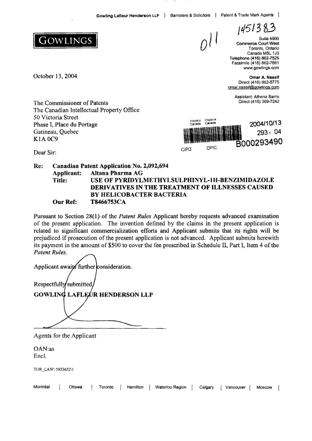 Canadian Patent Document 2092694. Prosecution-Amendment 20031213. Image 1 of 1
