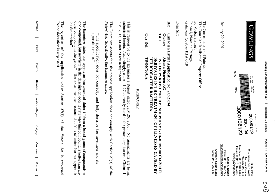 Canadian Patent Document 2092694. Prosecution-Amendment 20031229. Image 1 of 4