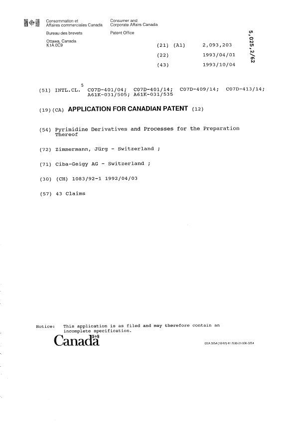 Canadian Patent Document 2093203. Cover Page 19921218. Image 1 of 1