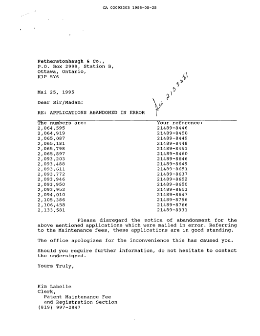 Canadian Patent Document 2093203. Correspondence 19941225. Image 1 of 1