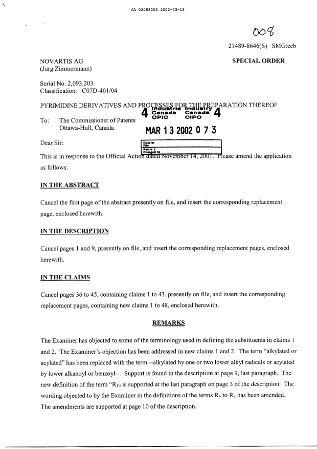 Canadian Patent Document 2093203. Prosecution-Amendment 20011213. Image 1 of 18