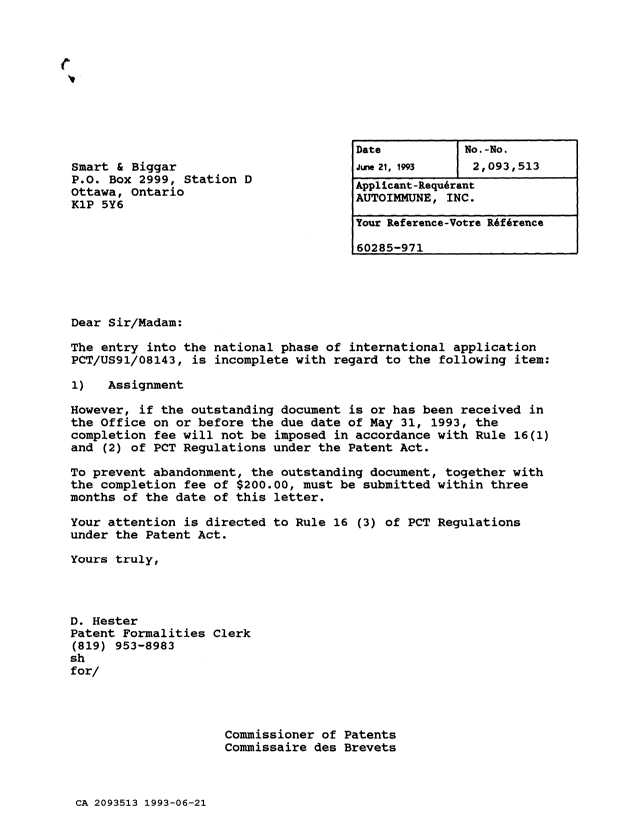 Document de brevet canadien 2093513. Lettre du bureau 19930621. Image 1 de 1