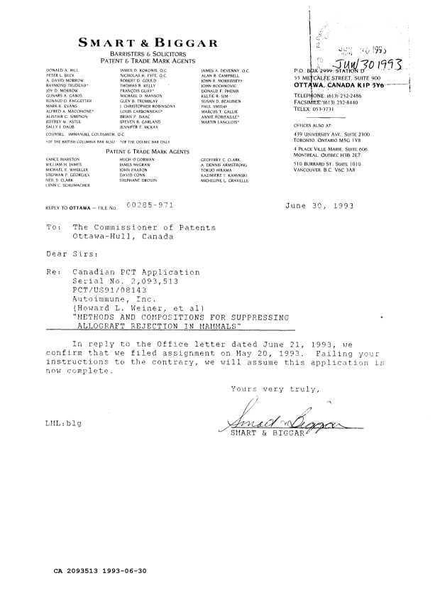 Document de brevet canadien 2093513. Correspondance reliée au PCT 19930630. Image 1 de 1