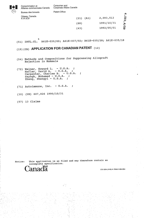Document de brevet canadien 2093513. Page couverture 19940416. Image 1 de 1