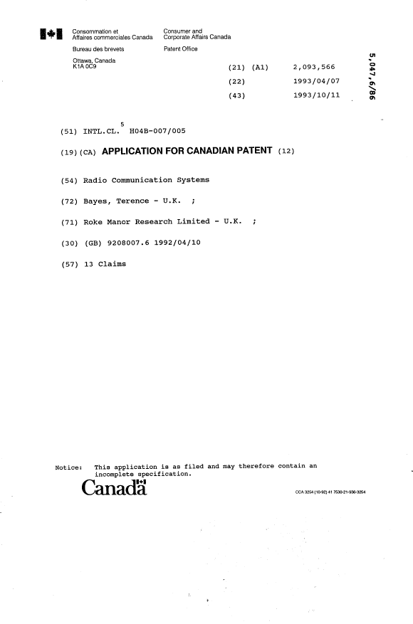 Canadian Patent Document 2093566. Cover Page 19931011. Image 1 of 1