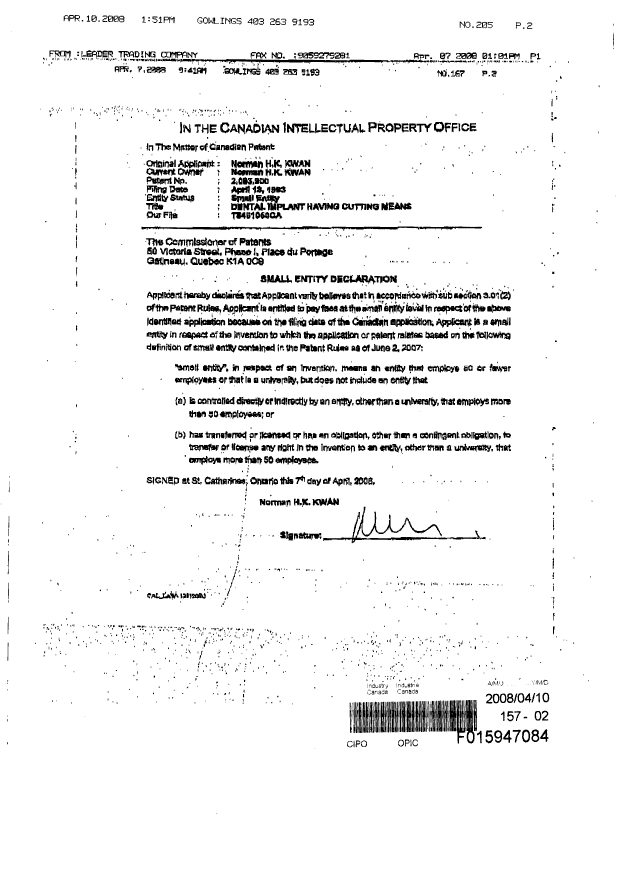 Canadian Patent Document 2093900. Fees 20080410. Image 2 of 6