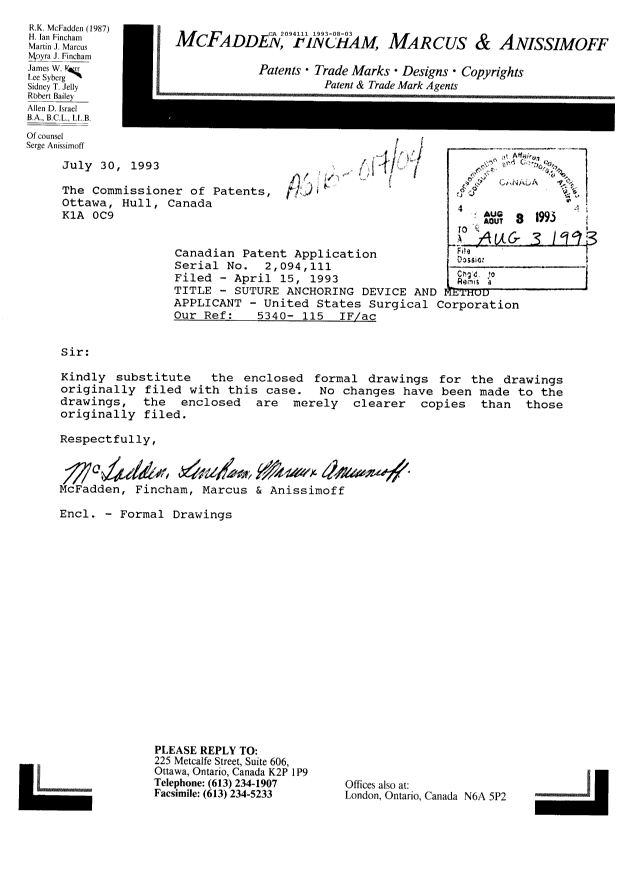 Canadian Patent Document 2094111. Prosecution Correspondence 19930803. Image 1 of 1