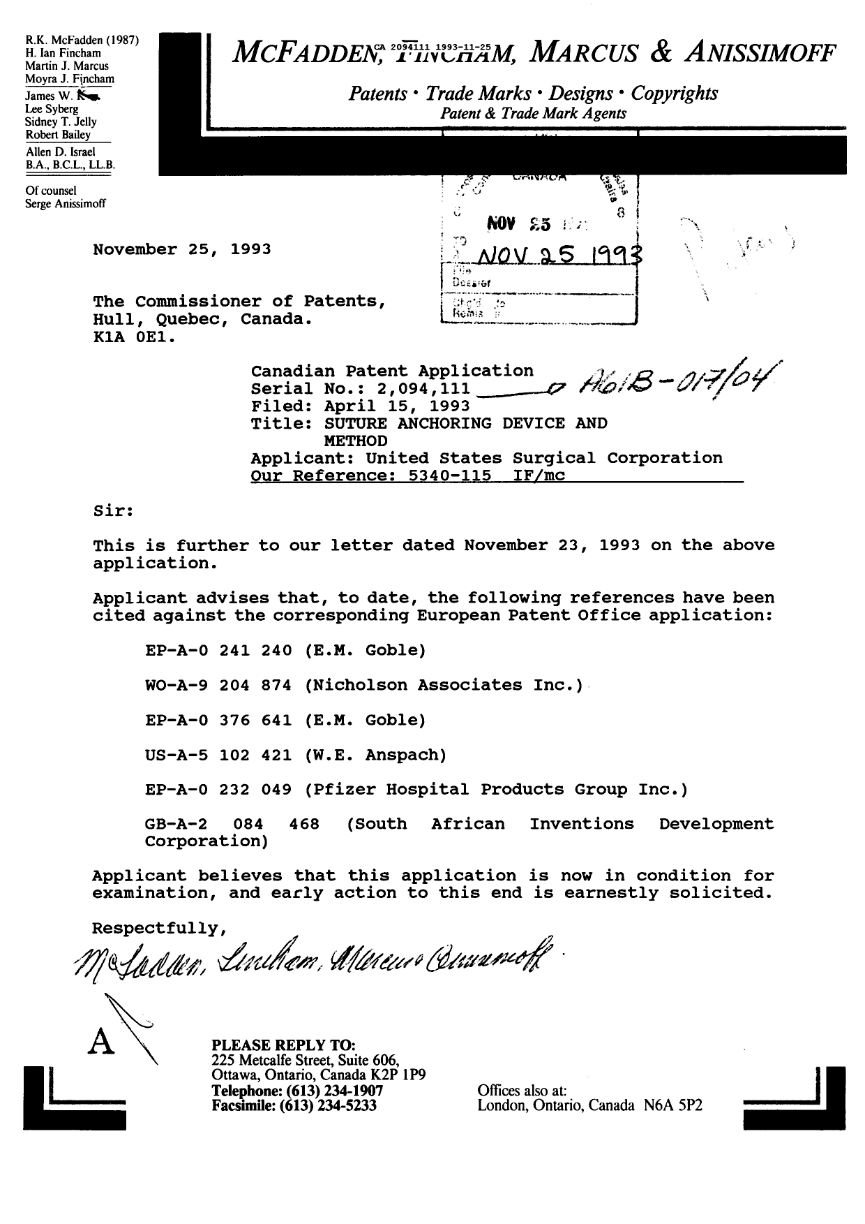 Document de brevet canadien 2094111. Correspondance de la poursuite 19931125. Image 1 de 1