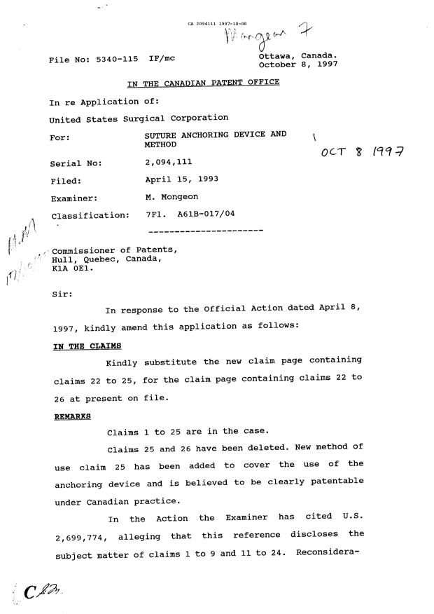 Canadian Patent Document 2094111. Prosecution-Amendment 19961208. Image 1 of 4