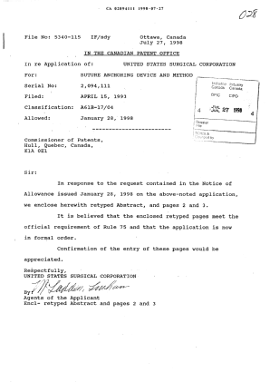 Document de brevet canadien 2094111. Correspondance 19971227. Image 1 de 4