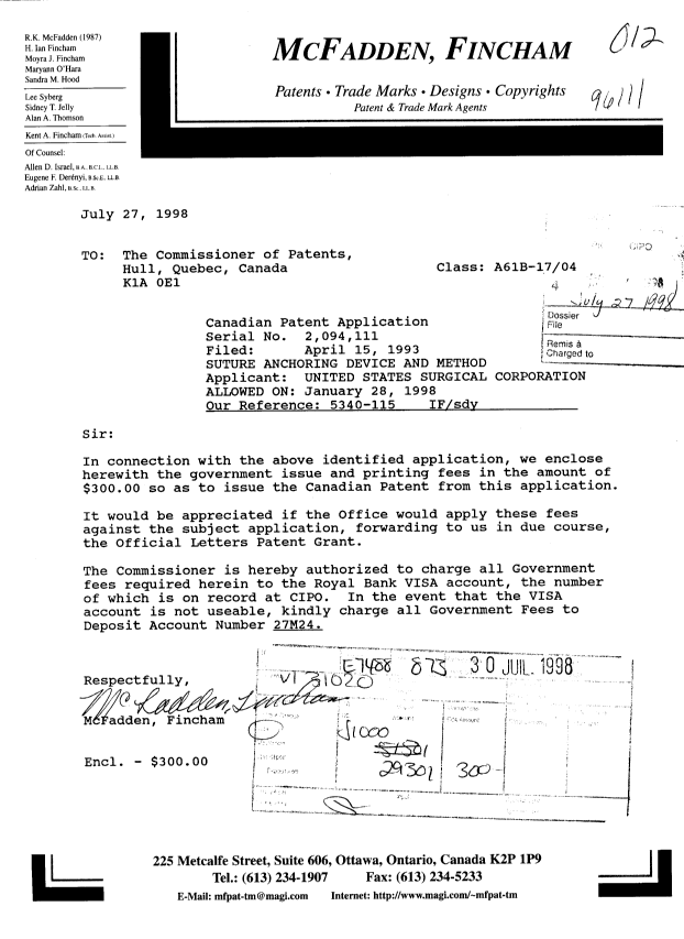 Document de brevet canadien 2094111. Correspondance 19980727. Image 1 de 1