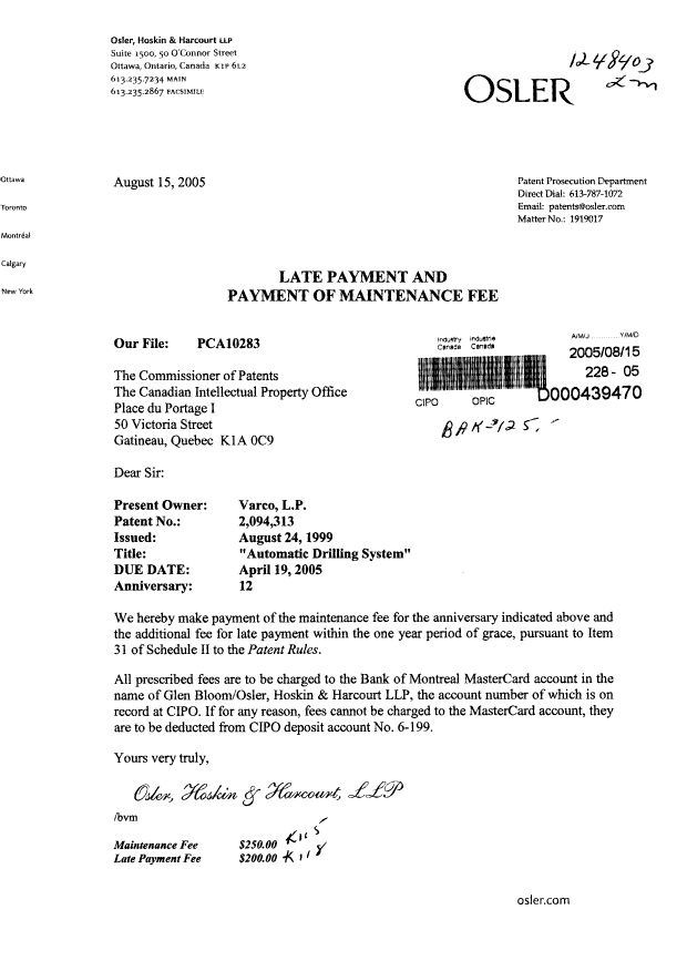 Document de brevet canadien 2094313. Taxes 20050815. Image 1 de 1