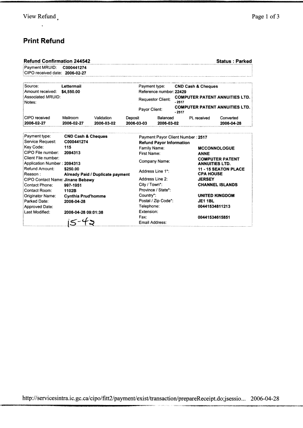 Canadian Patent Document 2094313. Correspondence 20051229. Image 1 of 4