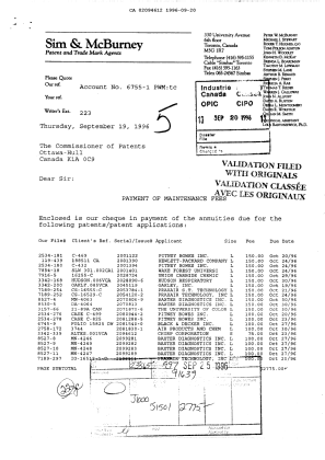 Canadian Patent Document 2094612. Fees 19960920. Image 1 of 1