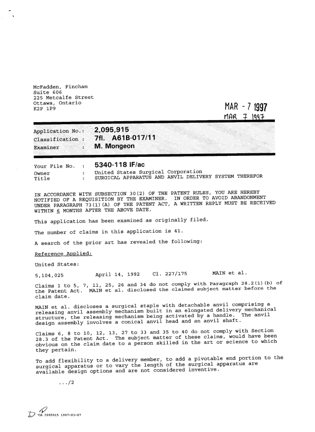 Canadian Patent Document 2095915. Examiner Requisition 19970307. Image 1 of 2