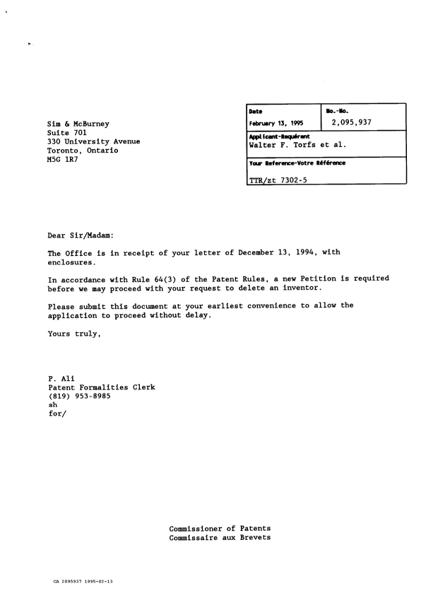Canadian Patent Document 2095937. Correspondence 19941213. Image 1 of 1