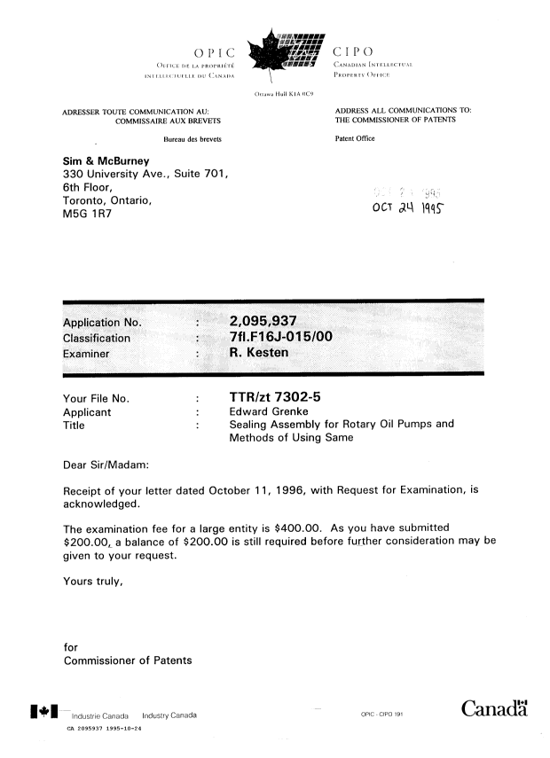 Canadian Patent Document 2095937. Correspondence 19941224. Image 1 of 1