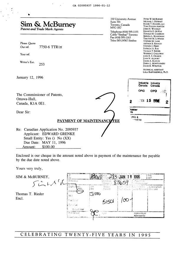 Canadian Patent Document 2095937. Fees 19951212. Image 1 of 1