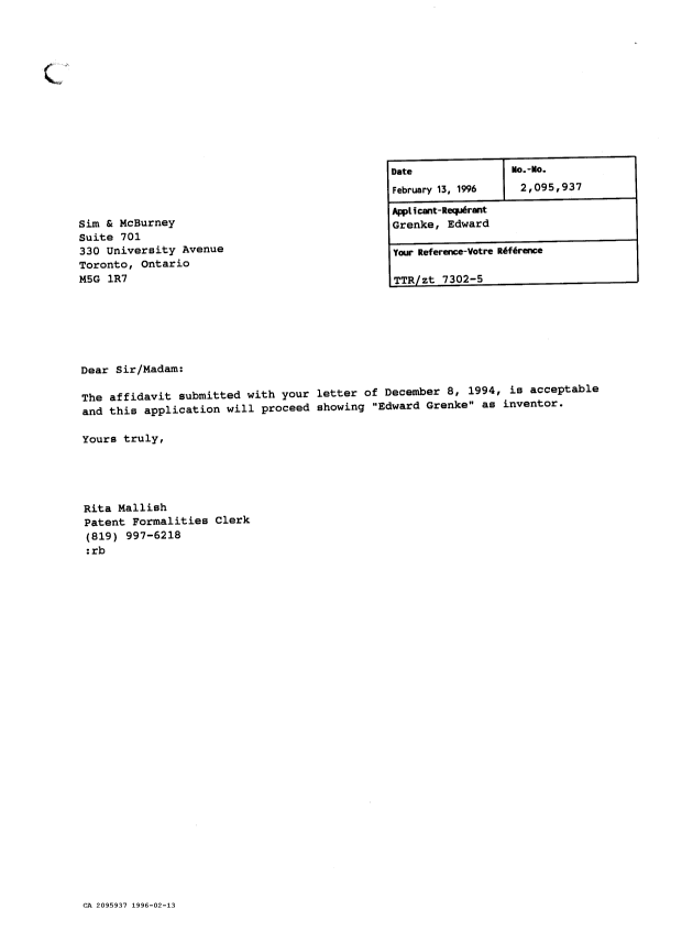 Canadian Patent Document 2095937. Correspondence 19951213. Image 1 of 1