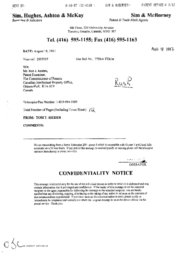 Canadian Patent Document 2095937. Prosecution-Amendment 19961218. Image 1 of 2