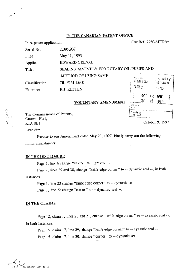 Canadian Patent Document 2095937. Prosecution Correspondence 19971015. Image 1 of 2