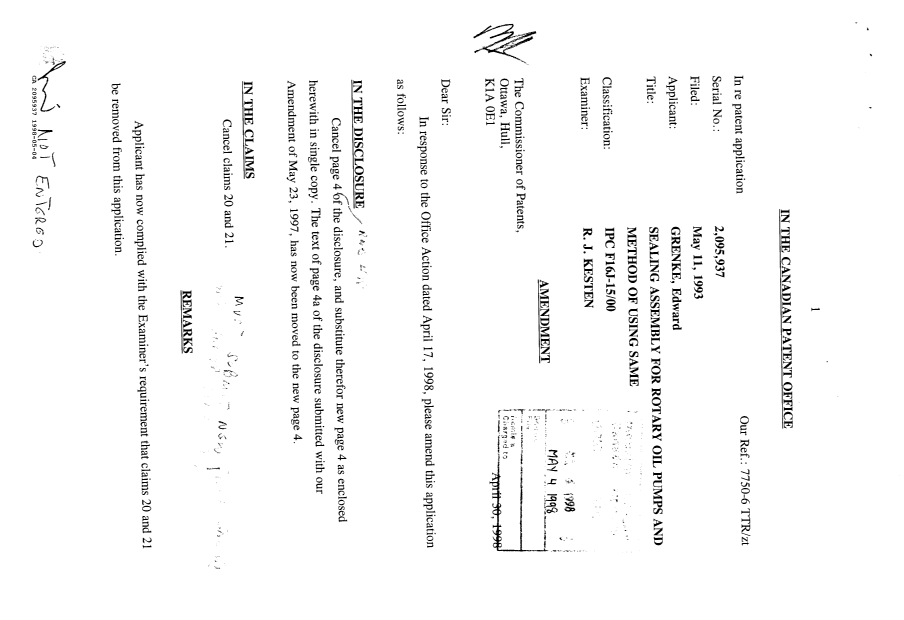 Document de brevet canadien 2095937. Poursuite-Amendment 19971204. Image 1 de 2