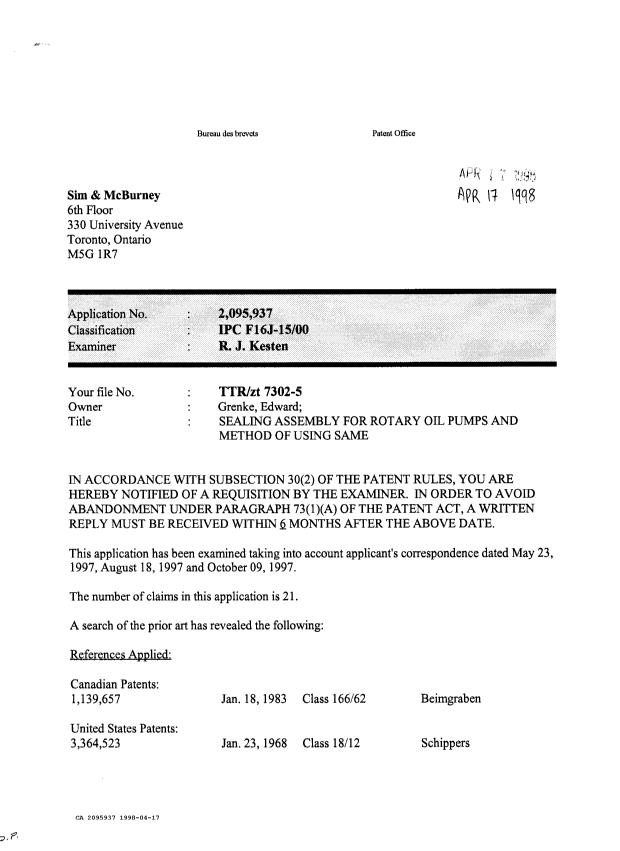 Canadian Patent Document 2095937. Prosecution-Amendment 19971217. Image 1 of 2