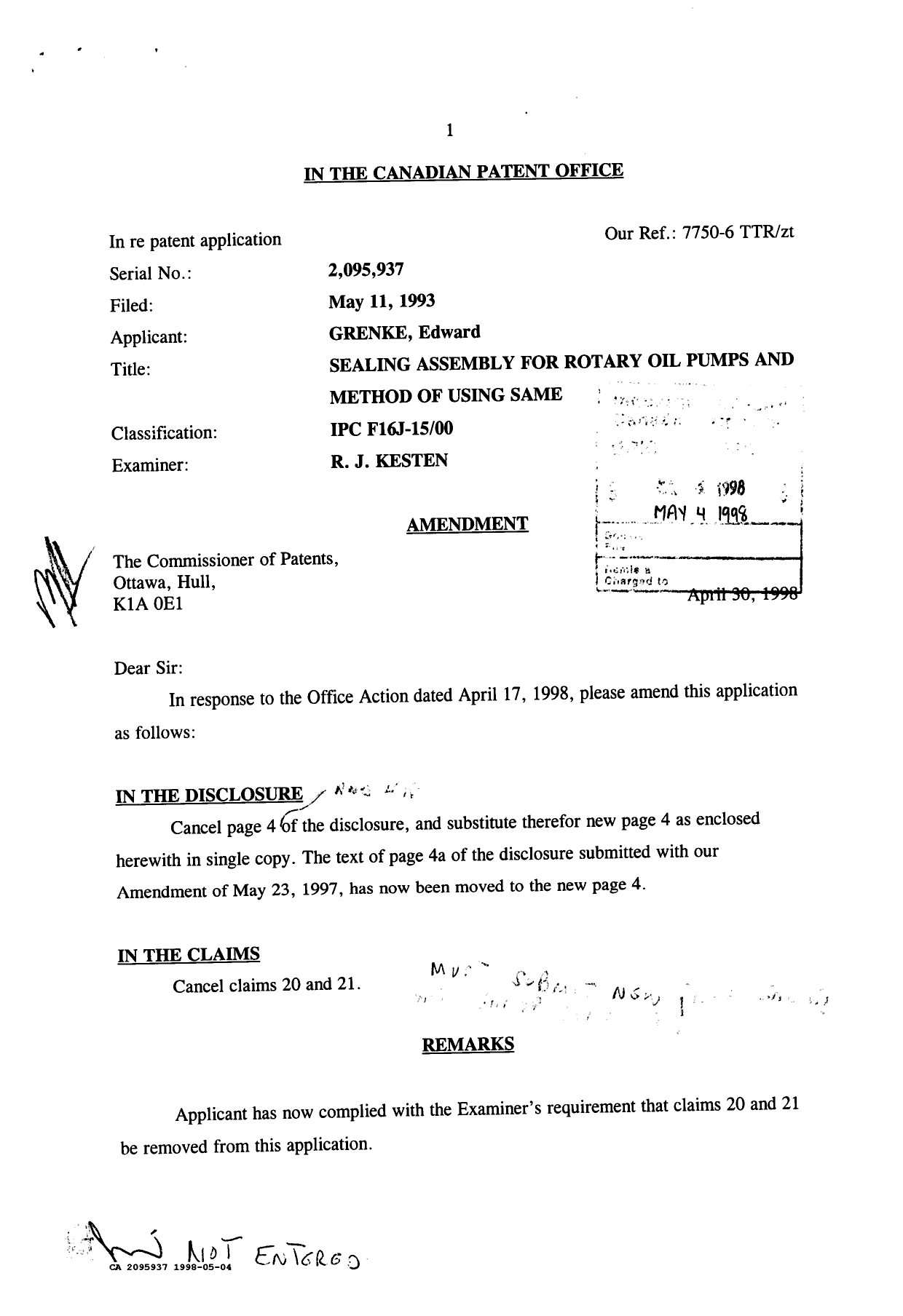 Canadian Patent Document 2095937. Prosecution Correspondence 19980504. Image 1 of 2