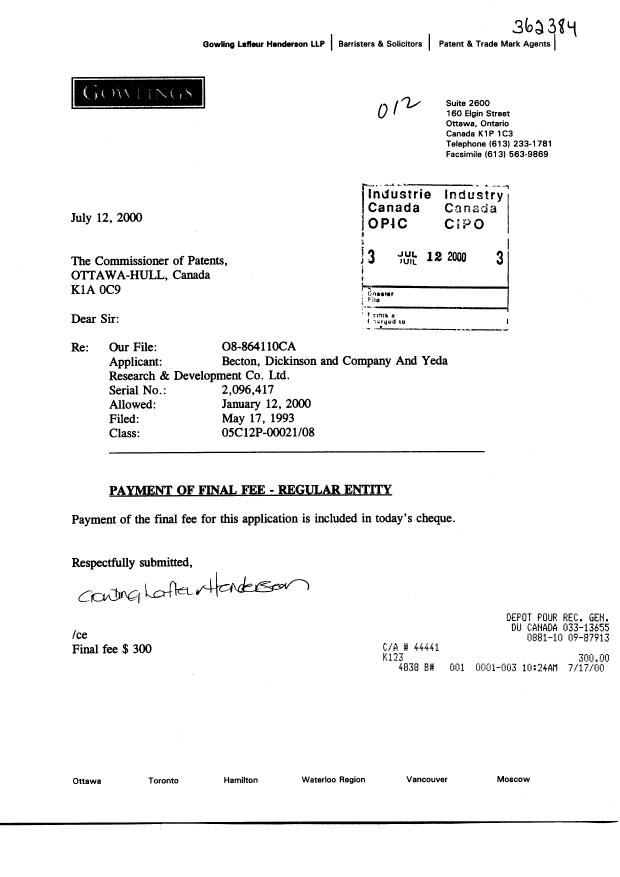 Canadian Patent Document 2096417. Correspondence 20000712. Image 1 of 1
