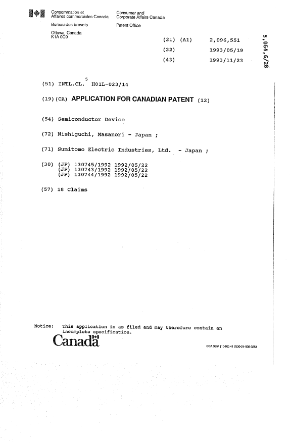 Document de brevet canadien 2096551. Page couverture 19931123. Image 1 de 1