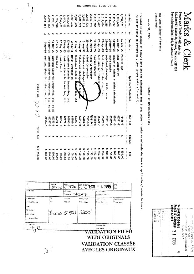 Document de brevet canadien 2096551. Taxes 19950331. Image 1 de 1