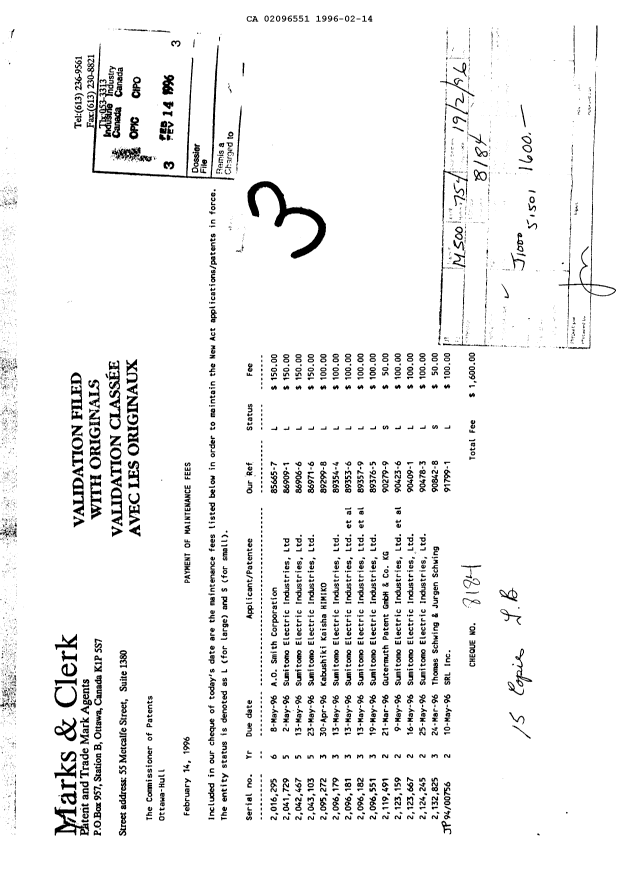 Canadian Patent Document 2096551. Fees 19960214. Image 1 of 1
