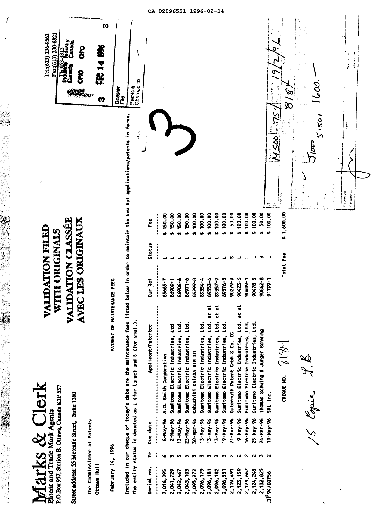 Canadian Patent Document 2096551. Fees 19960214. Image 1 of 1