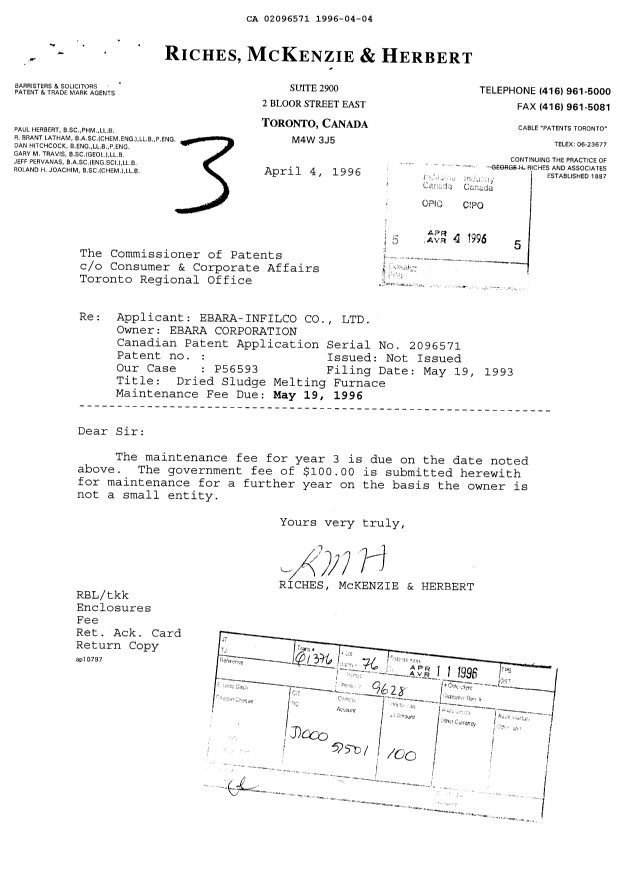 Document de brevet canadien 2096571. Taxes 19960404. Image 1 de 1