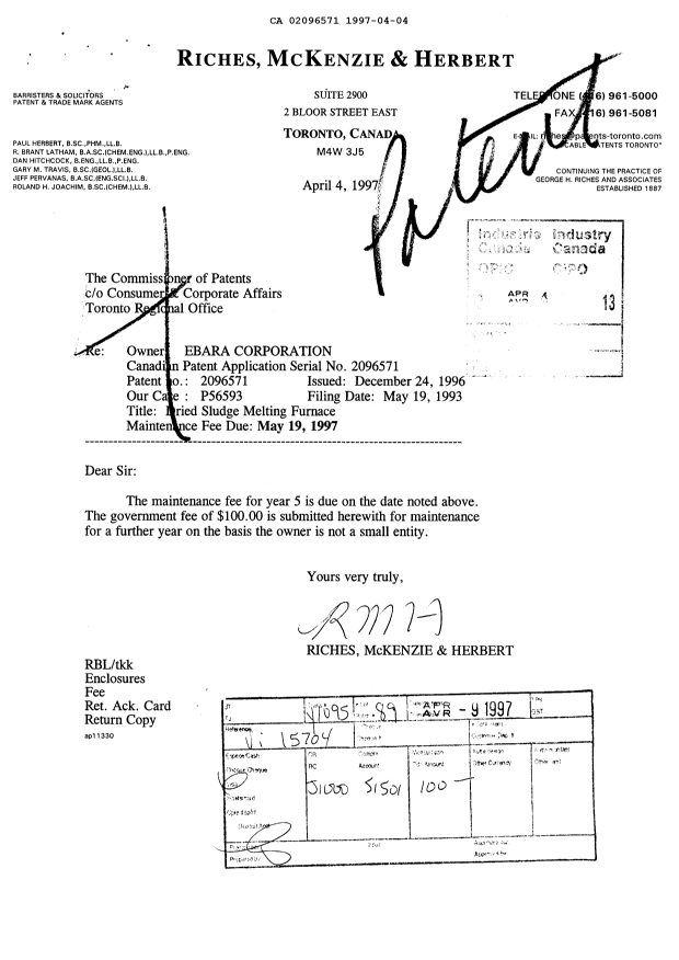 Document de brevet canadien 2096571. Taxes 19970404. Image 1 de 1