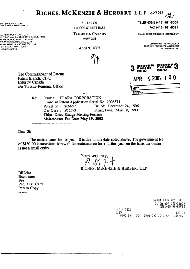 Document de brevet canadien 2096571. Taxes 20020409. Image 1 de 1